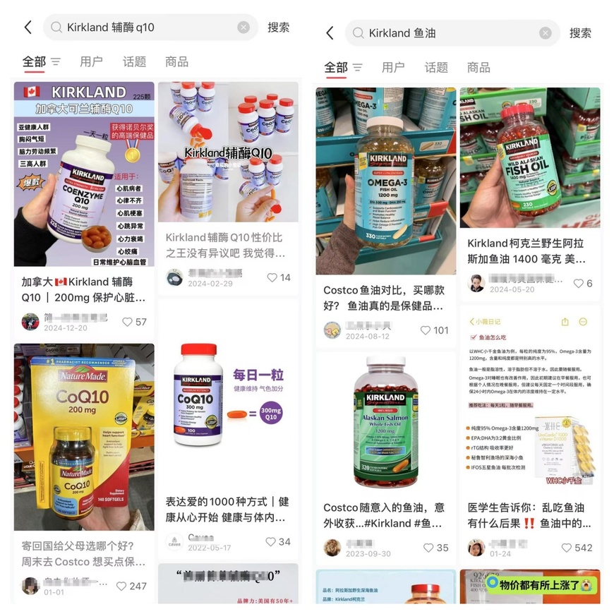 社交App上的Costco 自有品牌 Kirkland Signature 辅酶Q10和鱼油产品